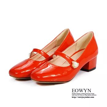 EOWYN．韓系時尚珍珠裝飾方頭粗跟包鞋EMD04303-67/4色/34-39碼現貨+預購34紅色