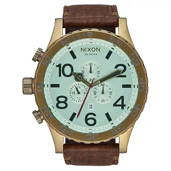 NIXON 51-30 CHRONO 潛龍諜影運動腕錶-復古金框x淺藍x咖啡色皮帶