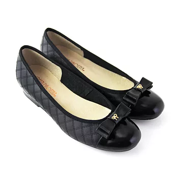 ◤Green Phoenix◥曼妙雅緻雙層蝴蝶結菱格紋異材質拼接全真皮小坡跟娃娃鞋5黑色