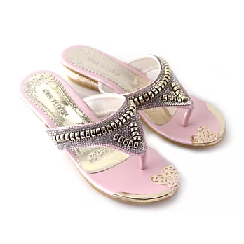 【Pretty】異國風情璀璨鑽飾楔型夾腳拖鞋36粉紅色