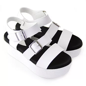 【Pretty】率性釦鐶寬帶沾黏式厚底涼鞋23白色