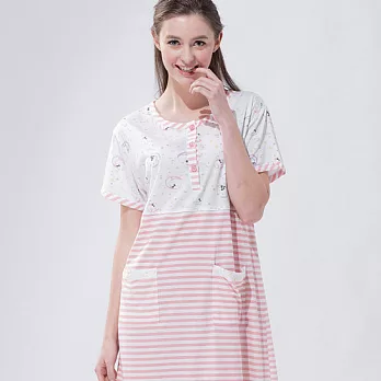【皮爾卡登】夜貓條紋居家服-粉白/粉