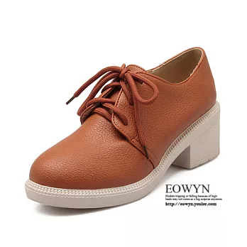 EOWYN．百搭新款圓頭系帶粗跟包鞋/牛津鞋EMD04345-62/4色/34-39碼現貨+預購34黃色