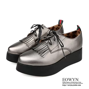 EOWYN．2016潮流新款尖頭流蘇系帶平底紳士包鞋EMD04358-68/2色/34-39碼現貨+預購34銀色