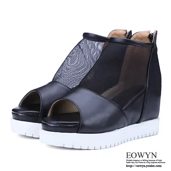 EOWYN．歐美新款網紗拉鏈平底內增高魚嘴涼鞋EMD04370-78/2色/34-39碼現貨+預購34黑色