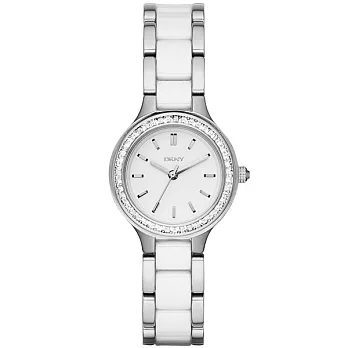 DKNY 佛羅倫斯晶鑽陶瓷腕錶-銀x雙材質錶帶