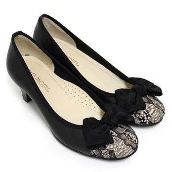 ◤Green Phoenix◥春漾雙層緞面蝴蝶結蕾絲緹花布全真皮低粗跟包鞋5黑色