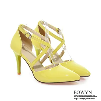 EOWYN．顯瘦新款涼鞋尖頭交叉釦環中空高跟鞋EMD04390-59/5色/34-39碼現貨+預購34黃色