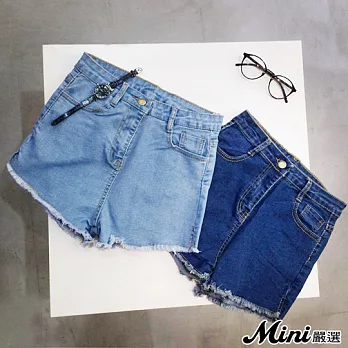 短褲 毛鬚邊彈性牛仔熱褲 二色-Mini嚴選-M(淺藍)