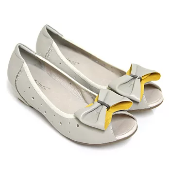 ◤Green Phoenix◥輕熟高雅撞色抓皺蝴蝶結水鑽束口全真皮內增高魚口鞋34米色