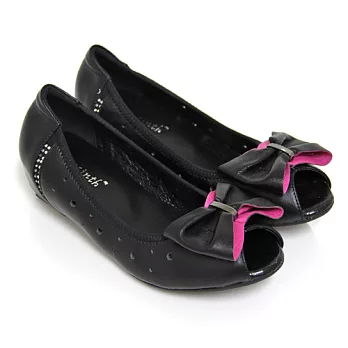 ◤Green Phoenix◥輕熟高雅撞色抓皺蝴蝶結水鑽束口全真皮內增高魚口鞋35黑色