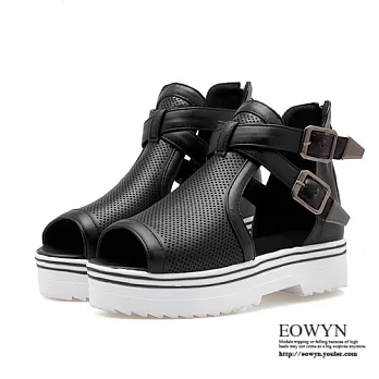 EOWYN．韓版新款拉鏈交叉釦環魚嘴平底涼鞋EMD04404-77/2色/34-39碼現貨+預購34黑色