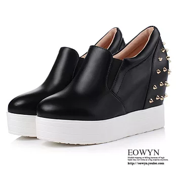 EOWYN．歐美時尚新款圓頭鉚釘休閒平底內增高包鞋EMD04413-69/3色/34-39碼現貨+預購34黑色