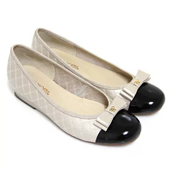 ◤Green Phoenix◥曼妙雅緻雙層蝴蝶結菱格紋異材質拼接全真皮小坡跟娃娃鞋5金色