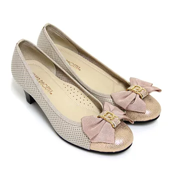 ◤Green Phoenix◥細緻唯美緞面蝴蝶結金屬裝飾扣洞洞全真皮低粗跟包鞋5金色