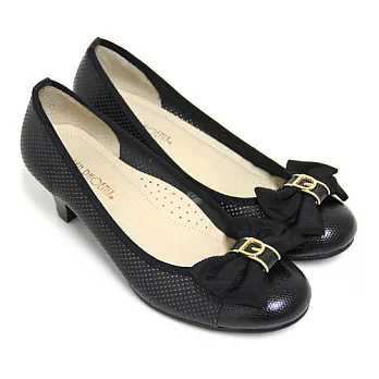 ◤Green Phoenix◥細緻唯美緞面蝴蝶結金屬裝飾扣洞洞全真皮低粗跟包鞋5黑色