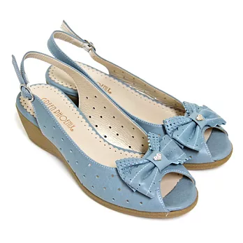 ◤Green Phoenix◥柔美氛芳雙層花邊立體蝴蝶結金屬水鑽愛心全真皮楔型魚口涼鞋5藍色