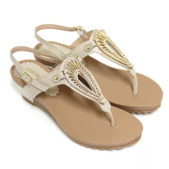 ◤Green Phoenix◥夏日華麗鏤空水鑽金屬貝殼全真皮臘感牛皮楔型夾腳涼鞋34.5米色