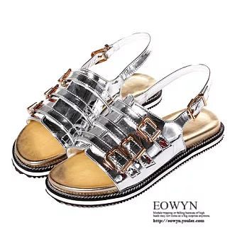 EOWYN．歐美時尚新款釦環平底涼鞋EMD04429-89/2色/34-39碼現貨+預購34銀色