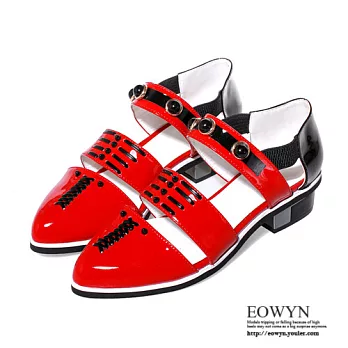 EOWYN．韓版時尚新款尖頭拼色休閒低跟涼鞋EMD04430-89/2色/34-39碼現貨+預購34紅色
