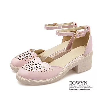 EOWYN．韓系時尚圓頭一字釦環粗跟涼鞋EMD04447-57/4色/34-39碼現貨+預購34粉色