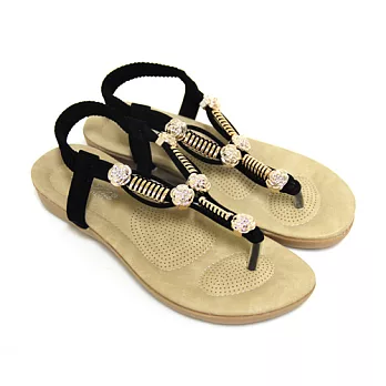 【Pretty】山茶花金屬造型彈性帶夾腳涼鞋38黑色