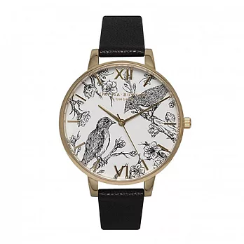 Olivia Burton 英倫復古精品手錶 戀愛花鳥 黑色真皮錶帶 金錶框 38mm