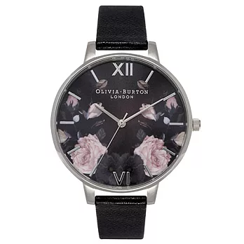 Olivia Burton 英倫復古手錶 迷幻花園 黑色真皮錶帶 銀色錶框 38mm