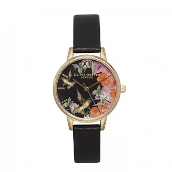 Olivia Burton London 英倫復古精品手錶 浮世繪蜂鳥 黑色真皮錶帶 金色錶框 30mm