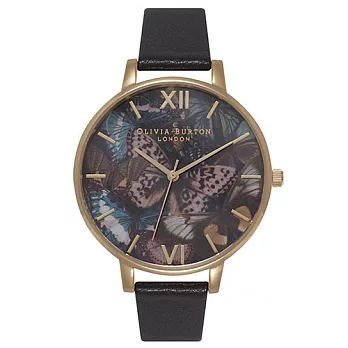 Olivia Burton London 英倫復古精品手錶 蝴蝶林地 黑色真皮錶帶 金錶框 女錶 38mm