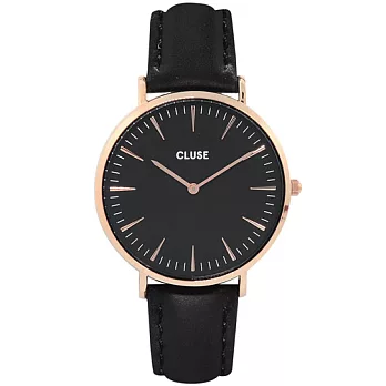 (預購)5/1~5/7 Cluse 波西米亞玫瑰金系列 黑錶盤/黑皮革錶帶手錶38mm