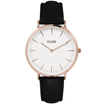 (預購)5/1~5/7 Cluse 波西米亞玫瑰金系列 白錶盤/黑皮革錶帶手錶38mm
