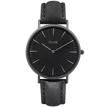 CLUSE 波西米亞極致黑系列 黑錶盤/黑皮革錶帶手錶38mm
