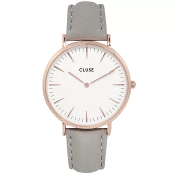 CLUSE 波西米亞玫瑰金系列 白錶盤/粉灰皮革錶帶手錶38mm