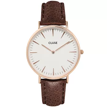 CLUSE 波西米亞玫瑰金系列 白錶盤/棕皮革錶帶手錶38mm