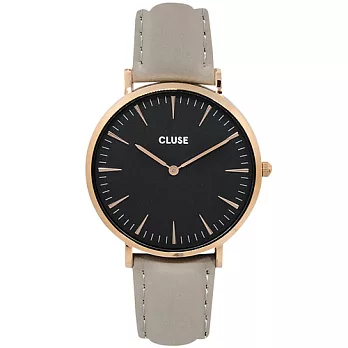 CLUSE 波西米亞玫瑰金系列 黑錶盤/粉灰皮革錶帶手錶38mm
