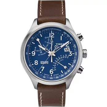 【TIMEX 】智慧指針IQ飛返計時逆跳系列手錶 (藍面/咖啡帶 TXT2P78800)