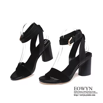 EOWYN．歐美時尚一字寬版釦環粗跟高跟涼鞋EMD04451-88/2色/34-39碼現貨+預購34黑色