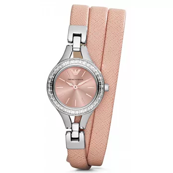 【EMPORIO ARMANI】粉色三環皮革石英女錶(AR7364)