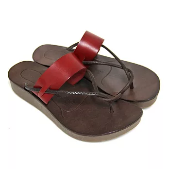 ◤Green Phoenix◥寬版帶抽繩壓花紋全真皮耐磨平底夾腳拖鞋36紅色