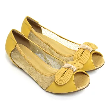 ◤Green Phoenix◥經典層次蝴蝶結透視紗網亮粉束口全真皮內增高魚口鞋34黃色