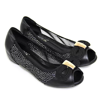 ◤Green Phoenix◥經典層次蝴蝶結透視紗網亮粉束口全真皮內增高魚口鞋34黑色