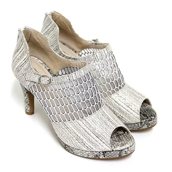 ◤Green Phoenix◥BIS-VITAL 動物壓花紋立體透視紗網拼接義大利進口羊皮高跟魚口鞋34.5米色