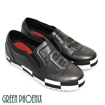 ◤Green Phoenix◥BIS-VITAL 86黑白格紋套入式進口手工擦拭皮精品平底休閒鞋35鐵灰色