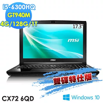 【msi微星】CX72 6QD-091TW 17.3吋 i5-6300HQ GT940MX(雙碟特仕版)