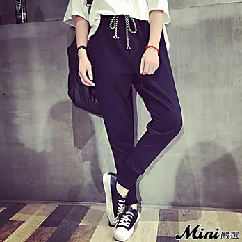 哈倫褲 抽繩螺紋褲腳休閒褲 黑色-Mini嚴選-FREE*