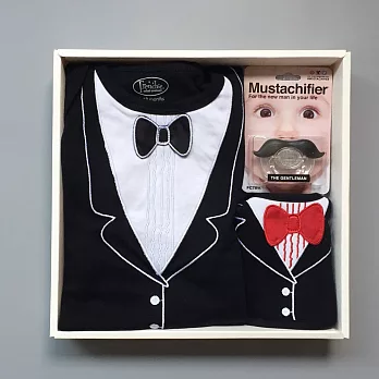 [美國Frenchie MC]超級小紳士禮盒組(包屁衣、圍兜、奶嘴) 彌月禮 生日禮3M黑領結連身衣+紅領兜
