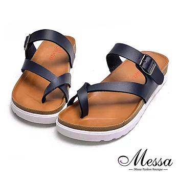 【Messa米莎專櫃女鞋】MIT層次感交叉套趾金屬釦厚底涼拖鞋-藍色36藍色
