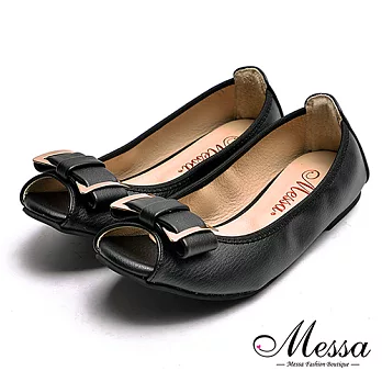 【Messa米莎專櫃女鞋】MIT柔軟彎曲蝴蝶結內真皮平底魚口鞋-黑色35黑色