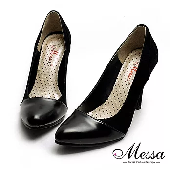【Messa米莎專櫃女鞋】MIT優雅拼接淺口內真皮高跟包鞋-黑色36黑色
